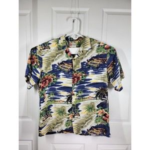 Hilo Hattie Shirt Mens XL Hawaiian Camp Beach Coconut Palms Canoe Vintage EUC